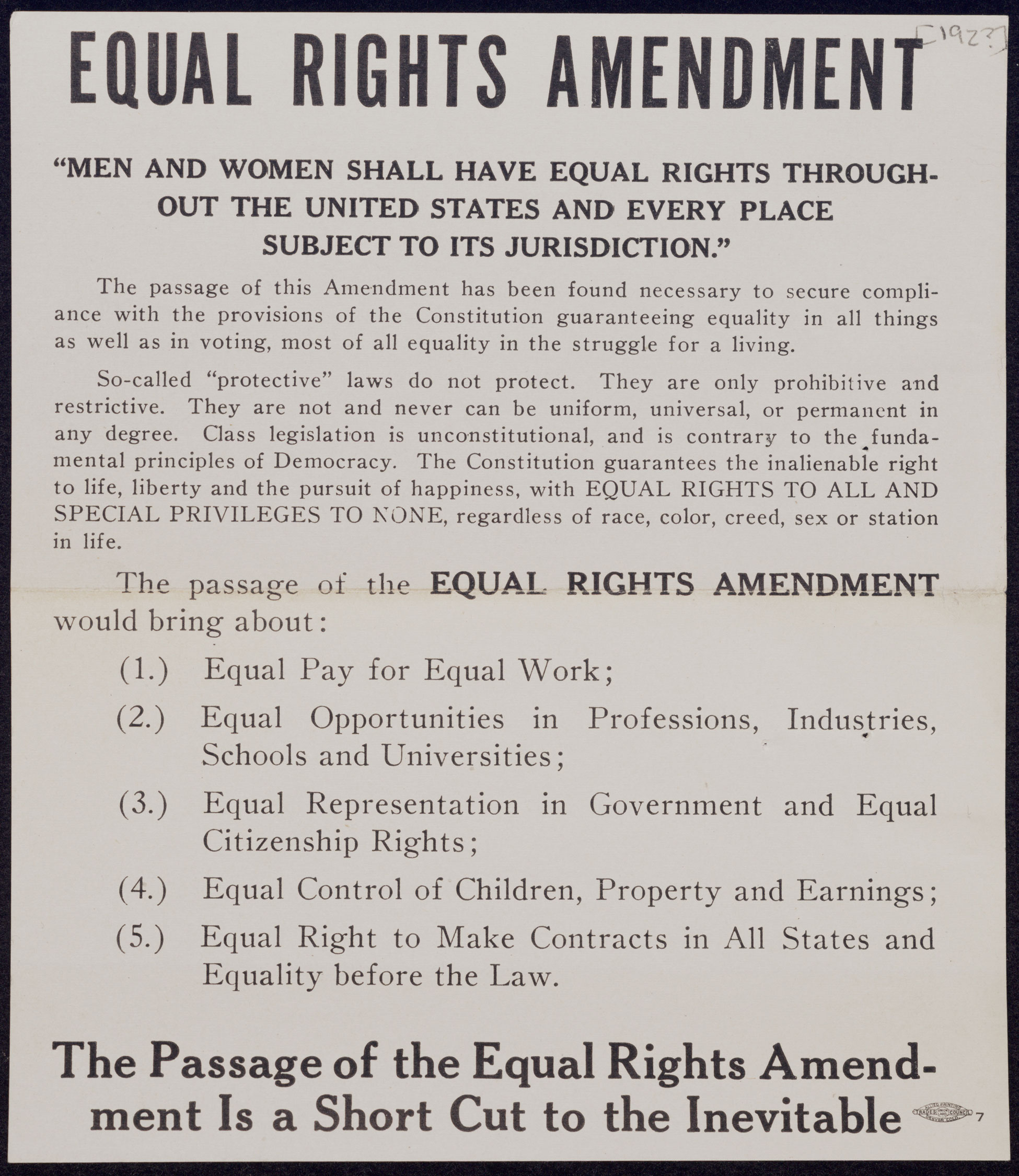 Handbill supporting the Equal Rights Amendment from the 1920s.