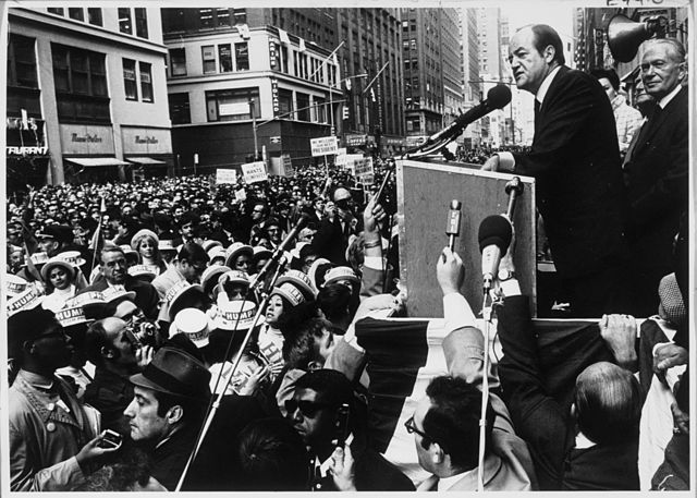 Image of Hubert Humphrey campaigning during the 1968 presidential contest.