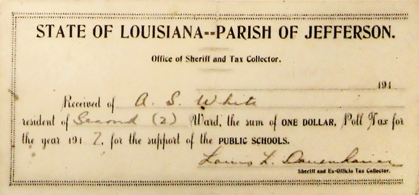 Poll tax receipt from Jefferson Parish, Louisiana.