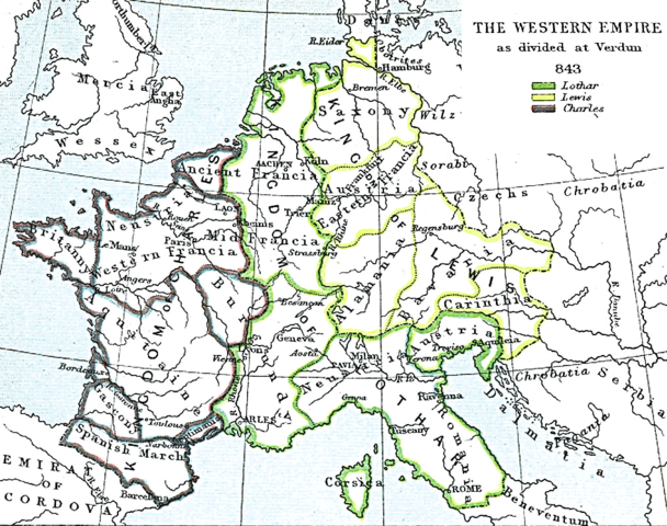Map of the division of Charlemagne's empire in 843 AD
