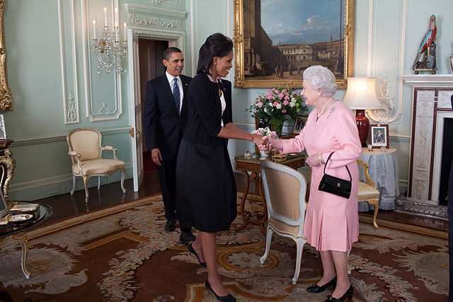 Queen Elizabeth the Second of the United Kingdom greeting
President and Mrs. Obama at Buckingham Palace, London.