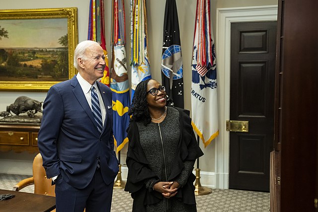 Biden and Ketanji Brown Jackson watching the U.S. Senate
            vote on her confirmation, April 2022.