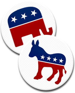 Republican and Democratic campaign buttons.