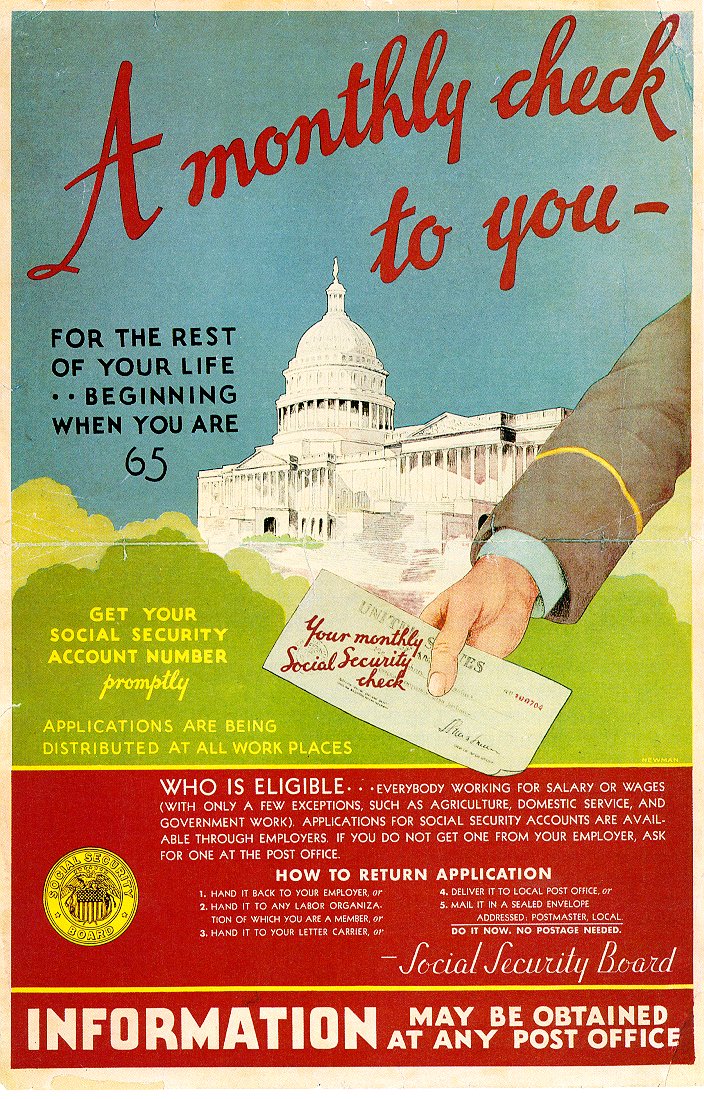 This classic poster was distributed from 11/36-7/37 during
            the initial issuance of Social Security numbers through
            U.S. post offices and with the help of labor unions.