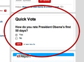 Web poll asking respondents to evaluate Barack Obama's
         first 50 days in office with answer options “yes”
         and “no.”